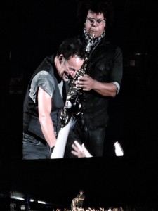 The Boss and Jake Clemons interact with the crowd. (Photo by Mike Morsch)